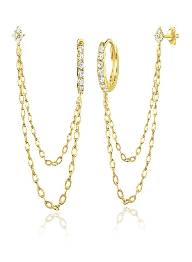 COARVXA 925 Sterling Silver Gold Plated Four Zircons Flower Stud Chain Earrings | Double Piercing Dangle Chain Huggie Hoop Earrings | Four Zirconia Stud Earrings Jewelry Gifts for Women - Image 1